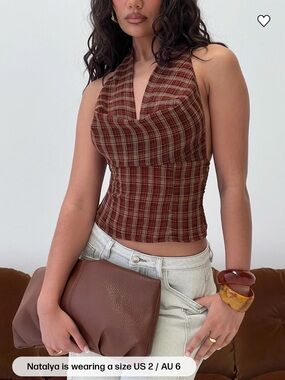 Princess Polly Kendia Plunge Brown Plaid Halter Crop Top